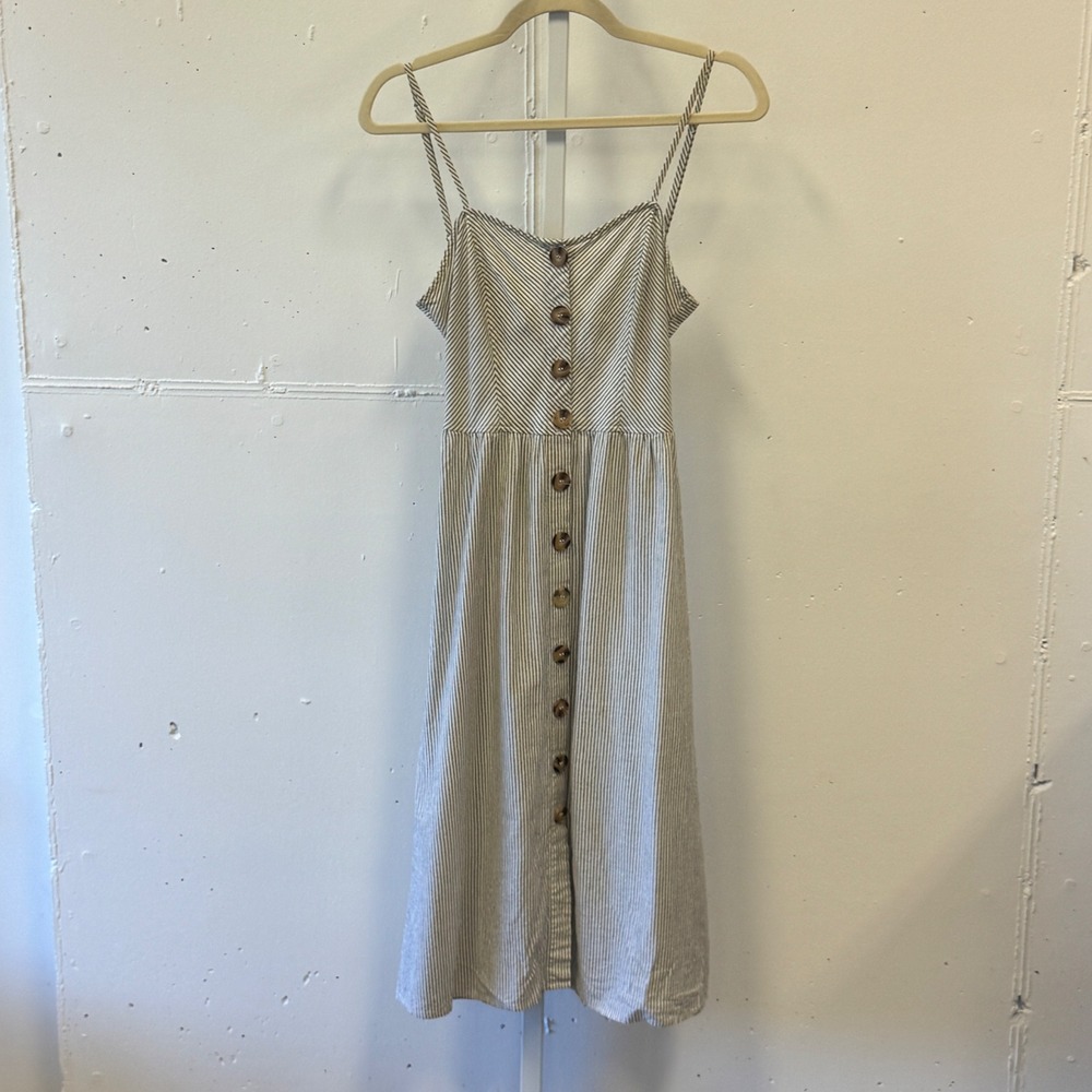 Promesa Striped Button Down Midi Dress Small Blue White Tie Back Pockets JDJ9001